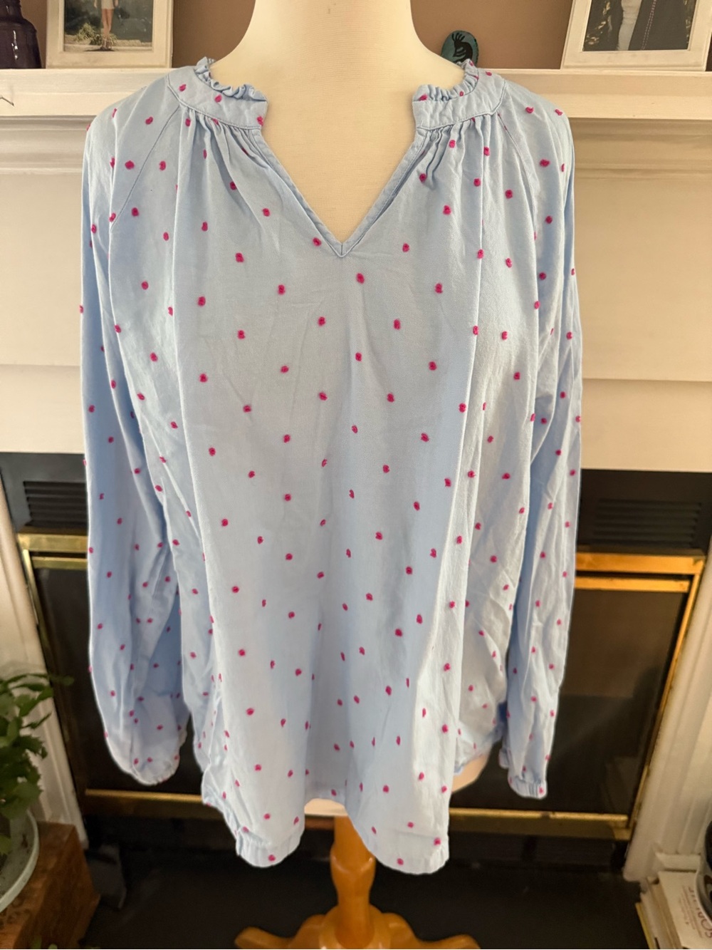 Light Blue Long-Sleeve V-Neck Cotton Top with Pink Embroidered Dots size XL